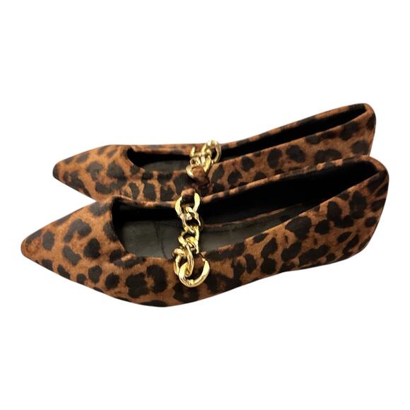 Asos Design 7 Mary Jane Pointed Suede Ballet Flat Leopard Old Money Gold Chain - Picture 1 of 11